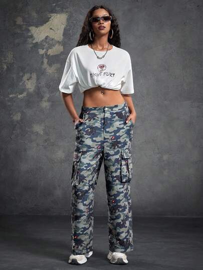 SHEIN How to Train Your Dragon Women's Casual Camouflage Multi-Pocket Cargo Pants