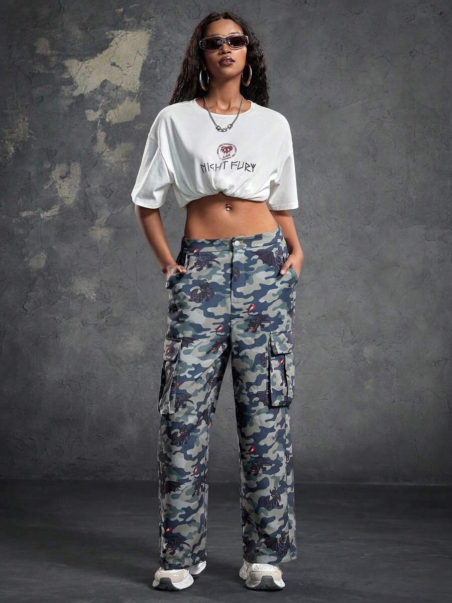 SHEIN How to Train Your Dragon Women's Casual Camouflage Multi-Pocket Cargo Pants - Army Green - View 1
