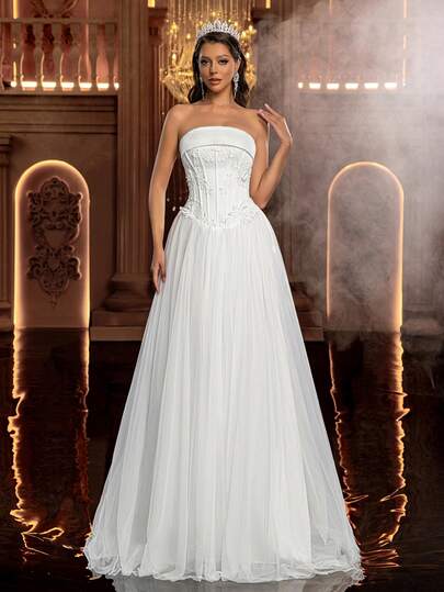 Glamrae Minimalist White Satin Patchwork Mesh, Handcrafted 3D Embroidered, Off-Shoulder One-Shoulder Fishbone Decor Design Bodycon A-Line Dress, Women's Wedding Gown, Banquet Dress, Evening Gown