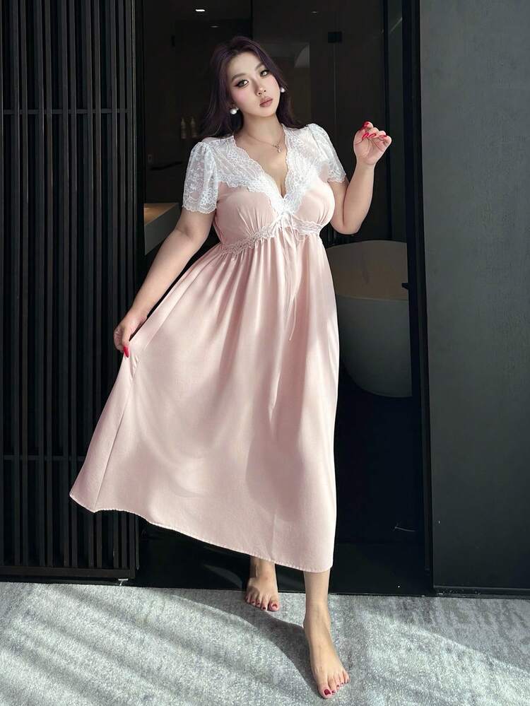 Dazy Plus Plus Size Women Lace Patchwork Solid Color Sexy Waist Cinched Long Nightgown, Short Sleeve, Spring/Summer