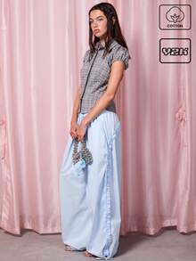 COUREZ 低腰荷叶边降落伞裤 / Y2K 夏季外出穿搭街头风夏季女装可爱 100% 纯棉复古 - 藍色 - 查看 1