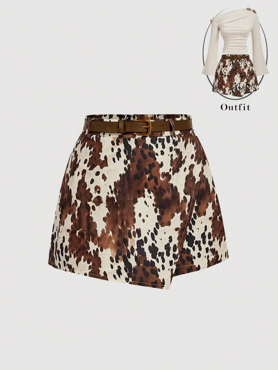 SHEIN MOD 女士动物纹系带短裤 - 卡其色 - 查看 1