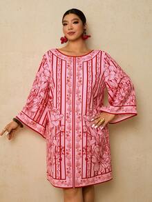 Travachic Đầm maxi cỡ lớn dành cho nữ, họa tiết hoa sọc đỏ, tay lửng, đầm mùa xuân, đầm ngắn cỡ lớn cổ tròn, đầm buộc dây hở lưng, đầm khoác ngoài. - Nhiều màu - Xem 7