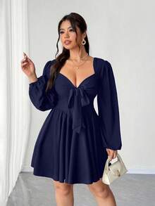 Elenzga Đầm mini đen gợi cảm buộc dây phía trước, khoét lưng dành cho nữ cỡ lớn, thích hợp cho mùa thu. - Màu xanh hải quân - Xem 6