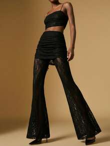 Briarwyn Winter Women's Fashionable Elegant Party Lace Semi-Sheer Flare Pants Suitable For Evening Date, Party,Holiday Night Out,Romantic Date, Gathering,New Year,Old Money Style - Black - View 7