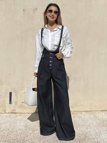 DAZY Women's Waist Cinching Elegant Loose Straight Leg Jeans Overalls And Jumpsuit - Dark Wash - View 4