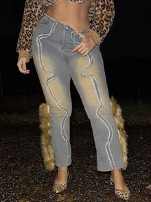 MelDlgn Jeans de mezclilla con parches de peluche decorativos de estilo vintage para tallas grandes