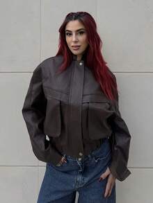 Bearsaez Women's Solid Color Long Sleeve Zip-Up Casual Loose PU Leather Jacket, Autumn,Women's Leather Jacket,Women's Winter Jacket,Chic Women's Jacket,Cropped Jacket,Brown Jacket - Coffee Brown - View 6