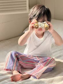 DAZY 2pcs/Set Toddler Boys' Casual Round Neck T-Shirt And Striped Pants Comfortable Pajamas - White - View 3