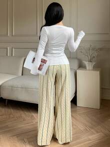 DAZY 女士三件套休闲度假沙滩装——宽松蕾丝拼接格纹吊带背心、直筒裤和薄纱罩衫，适合春夏穿着 - 黃色 - 查看 5