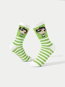 THE POWERPUFF GIRLS X SHEIN 1双女式条纹和毛茛图案可爱中筒袜 - 綠色 - 查看 4