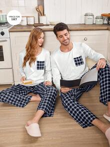 SHEIN Contrast Plaid Crew Neck Long Sleeve & Long Pants Men's Casual Pajama Set
