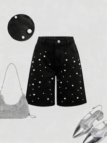 Girlism 这款少女优雅浅色水洗做旧牛仔短裤，配有口袋插片、仿珍珠装饰和毛边裤脚，适合春夏度假、海滩、波西米亚风音乐会、锐舞派对等场合，也适合日常出行、户外活动、居家、早午餐、下午茶、通勤、机场穿着、乡村音乐会、工作/办公室商务休闲以及返校街头风穿着。 - 黑色 - 查看 1