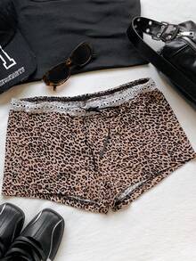 SHEIN EZwear Women's Leopard Print Drawstring Lace Patchwork Summer Casual Shorts - Brown - View 4