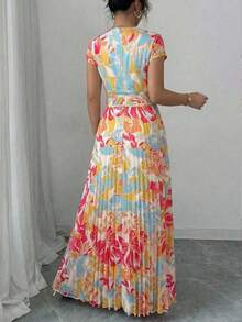 Elenzga Đầm ngắn tay cổ chữ V họa tiết hoa thanh lịch dành cho nữ cỡ lớn, thích hợp cho mùa xuân/hè. - Nhiều màu - Xem 2