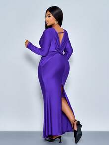 SOLERSUN 大码女式优雅纯色亮面面料前后扭结深V领褶皱长袖紧身性感鱼尾长裙，时尚小众设计气质轻奢连衣裙，简约时尚长裙，适合派对、万圣节、圣诞节、新年、婚礼季、伴娘礼服、节日服装、秋季、冬季穿着。 - 紫色 - 查看 3