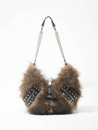 Grunge Punk Ladies, Women Shoulder Bag,Hobo Bag,Faux Fur,Fuzz,Plush Bag,Rivet,Fashionable,Personalized,Versatile,Street,Sweet And Cool Girls,Hot Girls,Punk,Y2k,Daily,Autumn And Winter(Random Pattern)