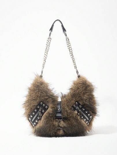 Grunge Punk Borsa a spalla da donna, borsa hobo, in finta pelliccia, peluche, borsa con rivetti, alla moda, personalizzata, versatile, da strada, dolce e cool, per ragazze, punk, stile Y2K, per uso quotidiano, adatta per autunno e inverno (motivo casuale)