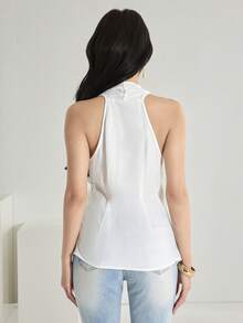 Heiryn New Korean Style Linen-Feel Halter Neck Overlapping V-Neck Pleated Metal Buckle Structured Sleeveless Top - White - View 6