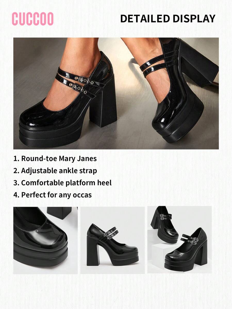 CUCCOO SZL 女士黑色粗跟优雅高跟鞋夏季毕业高跟鞋舞会高跟鞋度假鞋夏季促销圣诞节哥特式秋季新年假期 - 黑色 - 查看 1