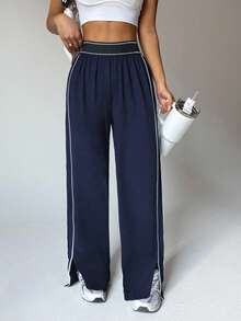 Dewbera Women's Loose Fit Straight Leg Sweatpants With Pockets, Waistband Contrast Stripe, High Stretch Elastic Waist, Suitable For Daily Casual Wear, Running, Yoga, Gym, Tennis, Golf, Autumn/Winter - Navy Blue - View 2