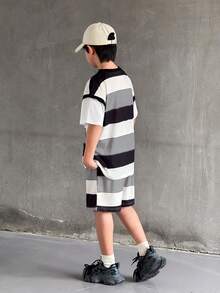 Mirajuku 2pcs/Set Boys' Black And White Striped Contrast Sleeve Round Neck T-Shirt Set,Autumn Casual City Break Outfit For Daily,Commute,School,And Sports Wear - Multicolor - View 5