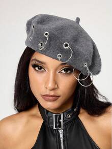 ROMWE Grunge Punk 1 Punk Style Gray Round Hollow Rivet Beret, Y2K Metal Ring Hat, Daily Personalized Fashion Items - Light Grey - View 3