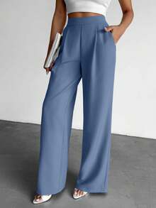 EURMUSE Fashionable Versatile High Waist Wide Leg Solid Color Pants - Dusty Blue - View 4