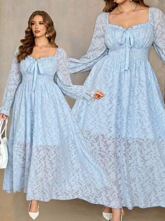 Roveilla Vestido de tela con textura de encaje calado elegante, nuevo vestido largo con cuello cuadrado, lazo delantero y mangas con volantes, vestido de gala formal, vestido de princesa de estilo francés de lujo para vacaciones