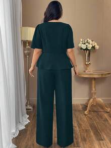 Auvina Plus Size Women's Casual Elegant Square Collar Pure Black Chic Commuting Shirt Jacket + Waist Cinched Design Loose Long Straight Leg Pants Fashion Casual Suit, High-End Wide Leg Pants - Green - View 2