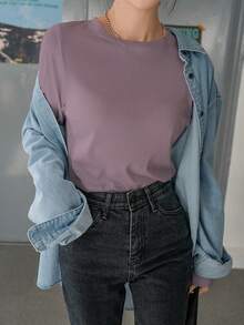 DAZY 女士纯色圆领休闲百搭通勤长袖T恤 - 紫色 - 查看 2