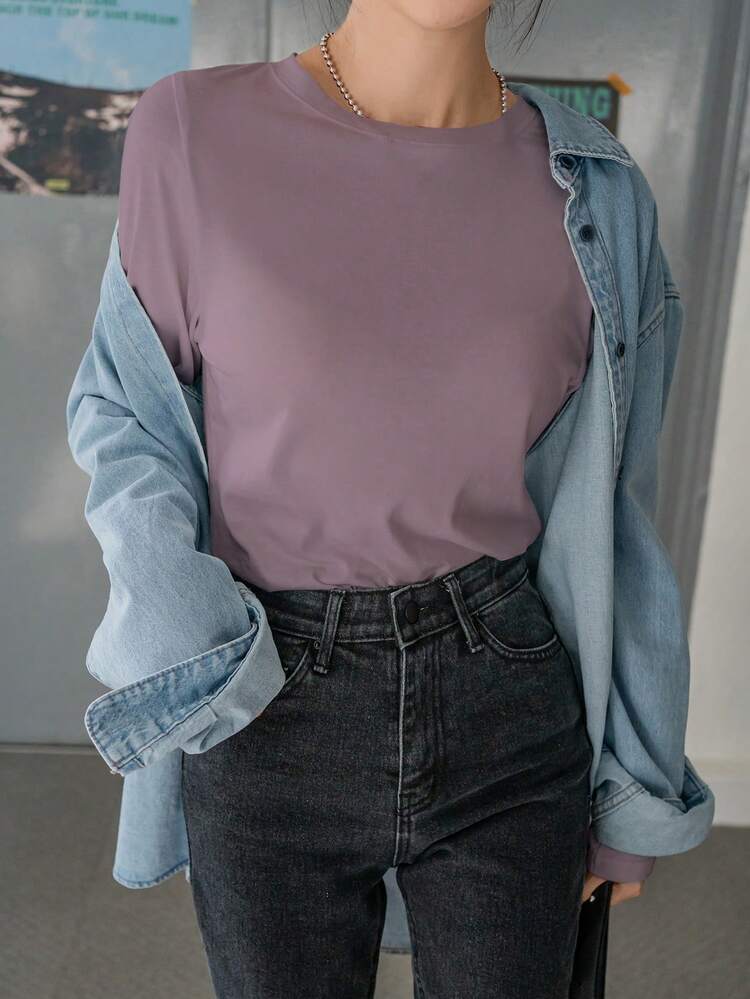 Women's Solid Color Round Neck Casual Versatile Commuting Long Sleeve T-Shirt