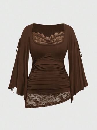 Goth T-shirt ample à manches chauve-souris et encolure dégagée avec garniture en dentelle pour femmes grande taille