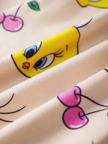 LOONEY TUNES X SHEIN Baby Girl Cartoon Tweety Bird & Cherry Print Cute Sweet Graphic Long Sleeve T-Shirt And Pants Snug Fit Pajama Set - Apricot - View 7