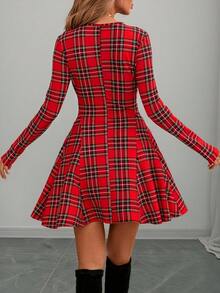 Easowa 圣诞圆领 A 字格子印花休闲正式迷你连衣裙，秋冬款