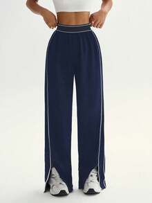 Dewbera Women's Loose Fit Straight Leg Sweatpants With Pockets, Waistband Contrast Stripe, High Stretch Elastic Waist, Suitable For Daily Casual Wear, Running, Yoga, Gym, Tennis, Golf, Autumn/Winter - Navy Blue - View 5