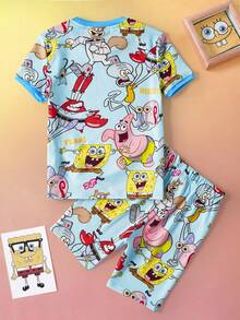 SpongeBob SquarePants | SHEIN Bộ đồ ngủ thoải mái, dễ thương dành cho bé trai, gồm áo thun ngắn tay cổ tròn in họa tiết toàn thân và quần short. - Màu xanh lam - Xem 2