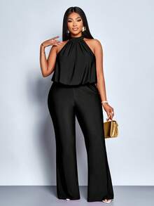 SOLERSUN Thời trang thu đông thanh lịch dành cho nữ, màu trơn, ngọt ngào, áo hai dây không tay, dây đeo cổ, quần ôm dáng với thiết kế ống loe nhẹ, áo liền quần màu đỏ dệt kim, thích hợp cho hẹn hò và tiệc Giáng sinh. - màu đen - Xem 6