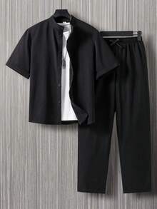 两件套青少年男士绅士套装，黑色立领时尚短袖上衣+黑色长裤，绅士西装套装，商务优雅学院风个性化服装，适合生日派对、日常休闲穿着，简约风格 - 黑色 - 查看 1