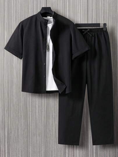 2pcs/Set Teen Boy Gentleman Outfit, Black Mandarin Collar Stylish Short Sleeve Top + Black Pants, Gentleman Suit Set, Business Elegant School Academy Personalized Outfit, Suitable For Birthday Party, Daily Casual Wear, Minimalist Style