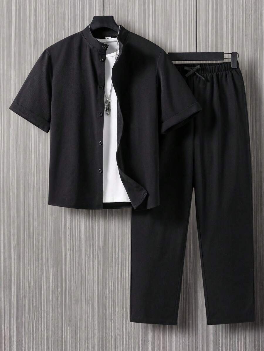 两件套青少年男士绅士套装,黑色立领时尚短袖上衣+黑色长裤,绅士西装套装,商务优雅学院风个性化服装,适合生日派对、日常休闲穿着,简约风格 - 黑色 - 查看 1