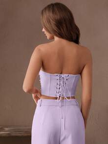 Anewsta Áo crop top bodycon đính cườm thanh lịch, sang trọng và sành điệu, thích hợp cho năm mới, Giáng sinh, đi chơi, mùa đông - Màu tím - Xem 2