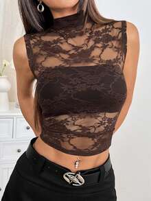 SHEIN EZwear Brown Sheer Lace Women's Mandarin Collar Fitted Fashion Camisole Coffee Brown Top Brown Lace Top Brown Top Women Dark Brown Top Chocolate Brown Top,Tank Top Brown See Through Top - Brown - View 6