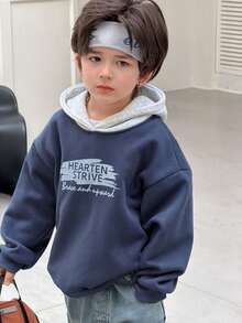 DAZY 男童标语印花撞色长袖休闲宽松卫衣，秋冬款 - 藍色 - 查看 7