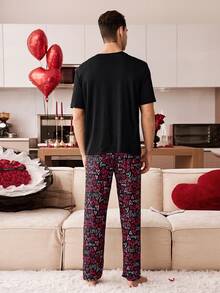 CoupledUp Men's Letter & Heart Print Short Sleeve Pajama Set - Black - View 4
