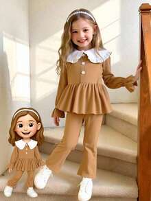 Elladie kids Young Girls Sweet Cute Peter Pan Collar Round Neck Long Sleeve Top Paired With Flared Pants Casual Minimalist Khaki T-Shirt Set Girls Brown Outfit Girls Light Brown Outfit Little Girl Autumn Suit Girls Fall Uniform Clothes - Brown - View 1