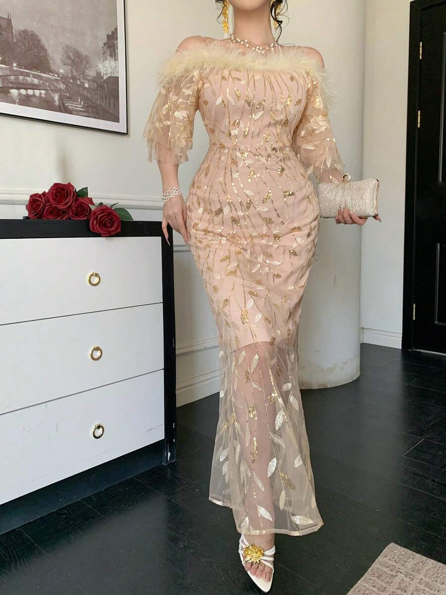 DAZY 女士露肩中袖收腰优雅金色流苏连衣裙