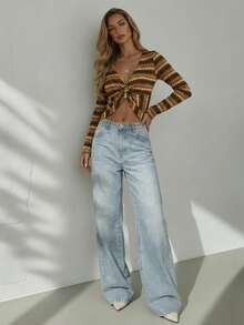Glamine Multicolor Casual Striped Long Sleeve Deep V Neck Asymmetrical Twist Front Cropped T-Shirt - Multicolor - View 6