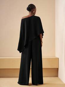 Zivah New New Fall And Winter Women Clothes Casual Commuting Brown Loose One-Shoulder Irregular Top + High Waist Wide-Leg Trousers Women Two Pieces Set, ,Back To School,Country Concert Outfit,Homecoming,Halloween,Christmas,Brunch Outfits For Women,Going Out Outfits , Church Outfits Women,Travel, Shopping-A Wide Leg Pants Set - Black - View 3