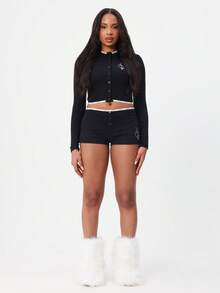 BABYPHAT Ribbed Logo Pajama Shorts With Button Front And Contrast Trim Details For Cozy Night Sleep Loungewear - Black - View 5